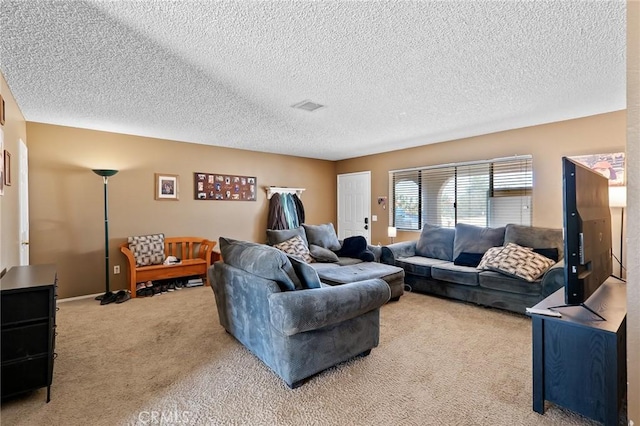 8600 San Vicente Dr, Yucca Valley, CA 92284 - carpeted living area featuring a textured ceiling