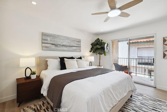 6101 Fulton Ave Unit 8, Van Nuys, CA 91401 - bedroom with access to outside, baseboards, wood finished floors, recessed lighting, and ceiling fan