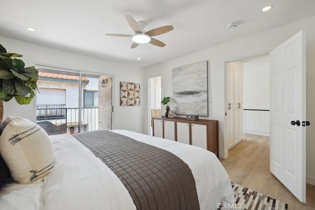 6101 Fulton Ave Unit 8, Van Nuys, CA 91401 - bedroom with access to outside, light wood-style flooring, recessed lighting, and a ceiling fan