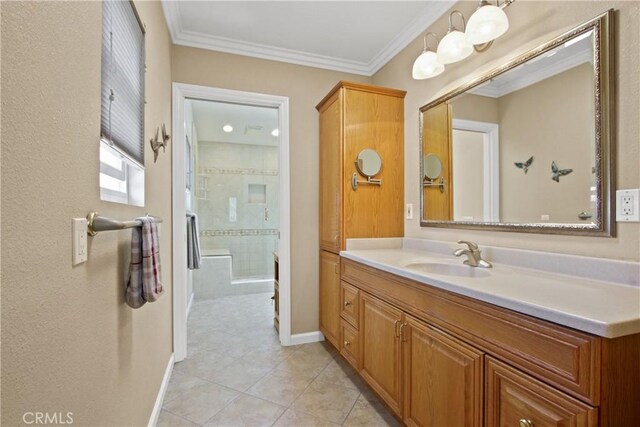 20392 Densmore Ln, Huntington Beach, CA 92646 - bathroom with vanity, tile patterned floors, tiled shower, and ornamental molding