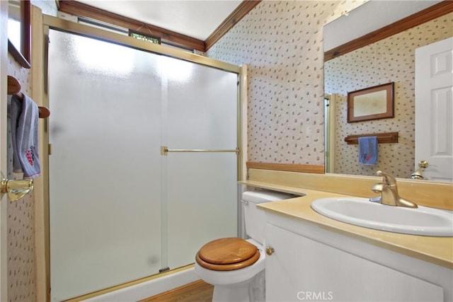 20392 Densmore Ln, Huntington Beach, CA 92646 - full bath with wallpapered walls, ornamental molding, vanity, and a shower stall
