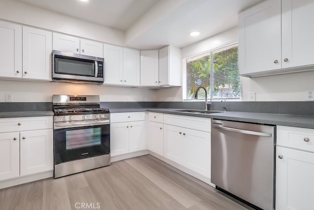 18417 Santar St, Rowland Heights, CA 91748 - kitchen with stainless steel appliances, dark countertops, a sink, white cabinetry, and recessed lighting