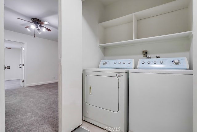 18417 Santar St, Rowland Heights, CA 91748 - laundry area featuring independent washer and dryer, light colored carpet, ceiling fan, and baseboards