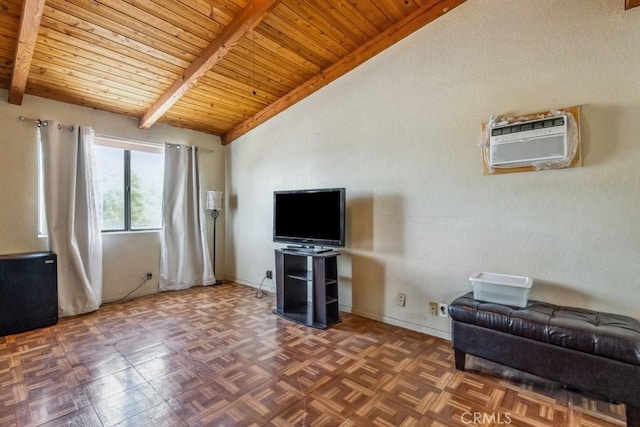 33206 Churchill St, Lake Elsinore, CA 92530 - unfurnished living room featuring a wall mounted AC and wood ceiling