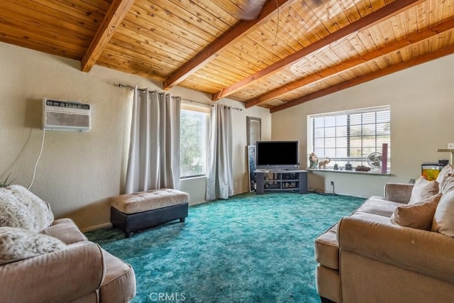 33206 Churchill St, Lake Elsinore, CA 92530 - carpeted living room with plenty of natural light, a wall mounted AC, and wood ceiling