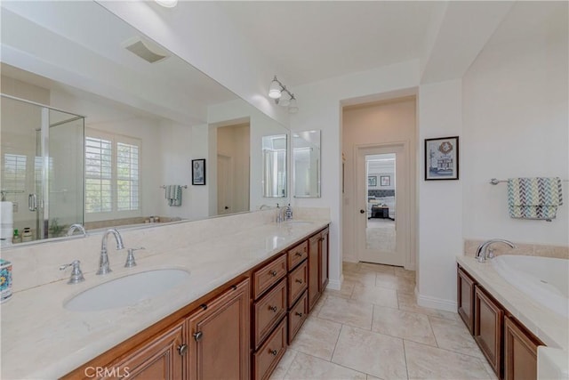 1330 W Marigold Ave, La Habra, CA 90631 - full bath featuring a bath, double vanity, a stall shower, and baseboards