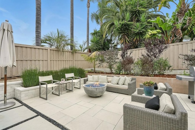 939 Moonstone Ct, Encinitas, CA 92024 - fenced backyard with a patio and an outdoor living space with a fire pit