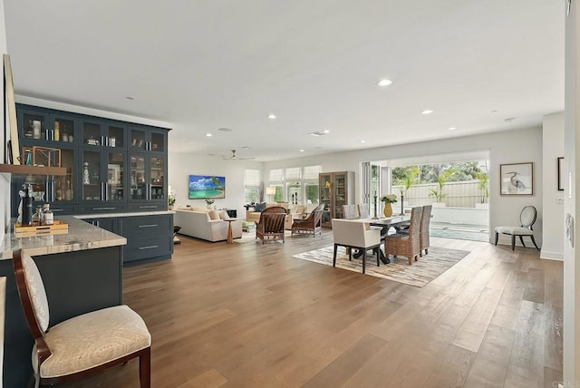 939 Moonstone Ct, Encinitas, CA 92024 - living room with recessed lighting, wood finished floors, and ceiling fan