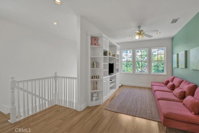 10 Edendale St, Ladera Ranch, CA 92694 - living area featuring baseboards, a ceiling fan, light wood-type flooring, and recessed lighting