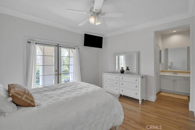 10 Edendale St, Ladera Ranch, CA 92694 - bedroom with access to exterior, ornamental molding, light wood-style flooring, multiple windows, and french doors