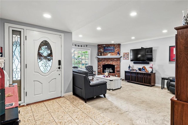 1528 E San Alto Ave, Orange, CA 92865 - entrance foyer with baseboards, recessed lighting, ornamental molding, and a brick fireplace