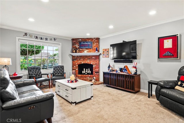 1528 E San Alto Ave, Orange, CA 92865 - living area featuring crown molding, light colored carpet, recessed lighting, a brick fireplace, and baseboards