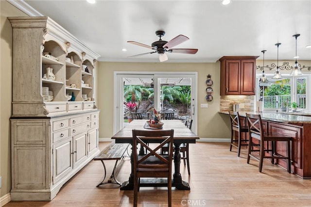 1528 E San Alto Ave, Orange, CA 92865 - dining room featuring a ceiling fan, recessed lighting, baseboards, crown molding, and light wood-style flooring