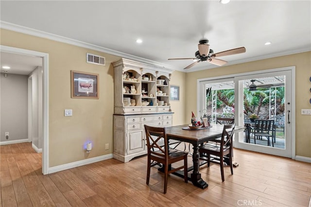 1528 E San Alto Ave, Orange, CA 92865 - dining area featuring ceiling fan, light wood-style flooring, baseboards, ornamental molding, and recessed lighting