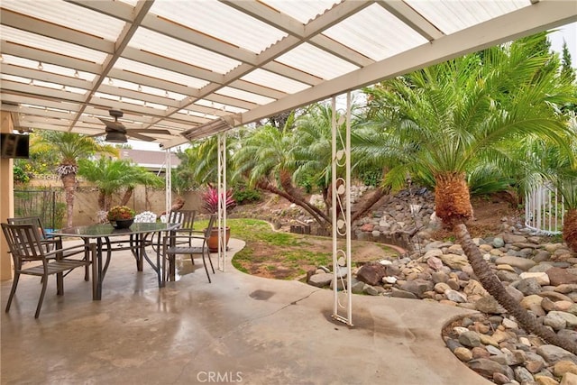 1528 E San Alto Ave, Orange, CA 92865 - view of patio featuring outdoor dining area, ceiling fan, and a pergola