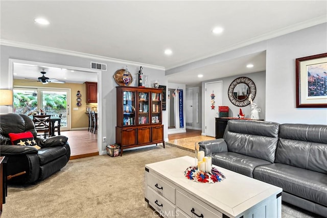 1528 E San Alto Ave, Orange, CA 92865 - living area featuring ornamental molding, recessed lighting, a ceiling fan, light carpet, and baseboards