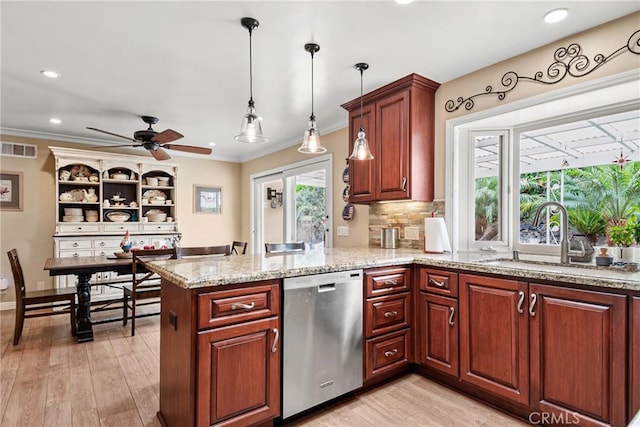 1528 E San Alto Ave, Orange, CA 92865 - kitchen featuring stainless steel dishwasher, a sink, a peninsula, light wood finished floors, and backsplash