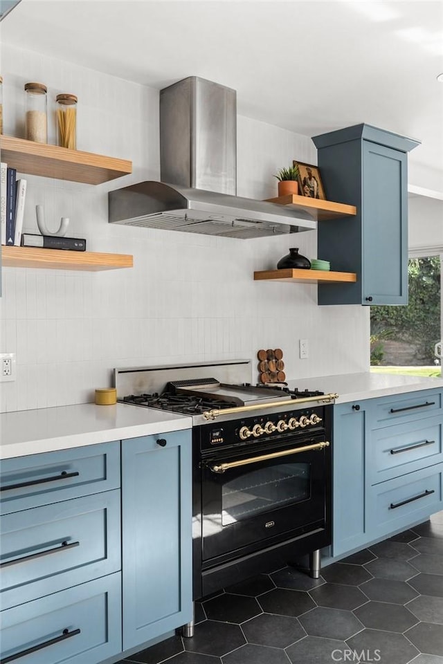 17949 Archwood St, Reseda, CA 91335 - kitchen with black gas stove, open shelves, ventilation hood, and decorative backsplash