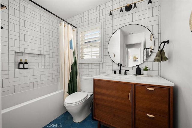 17949 Archwood St, Reseda, CA 91335 - bathroom with vanity, tile patterned floors, shower / tub combo with curtain, tile walls, and tasteful backsplash