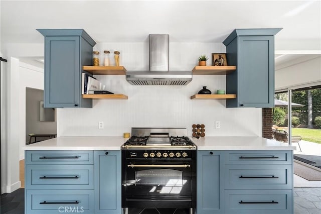 17949 Archwood St, Reseda, CA 91335 - kitchen featuring wall chimney range hood, open shelves, black gas range, and light countertops