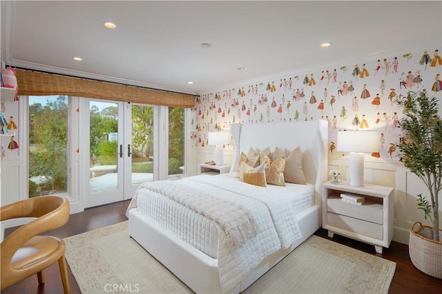 2 Royal Saint George Rd, Newport Beach, CA 92660 - bedroom featuring access to exterior, french doors, crown molding, dark wood finished floors, and recessed lighting