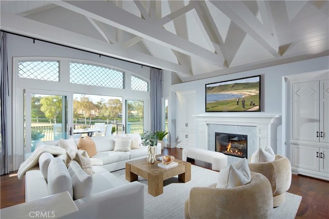 2 Royal Saint George Rd, Newport Beach, CA 92660 - living room featuring high vaulted ceiling, beamed ceiling, a fireplace, and dark wood-type flooring
