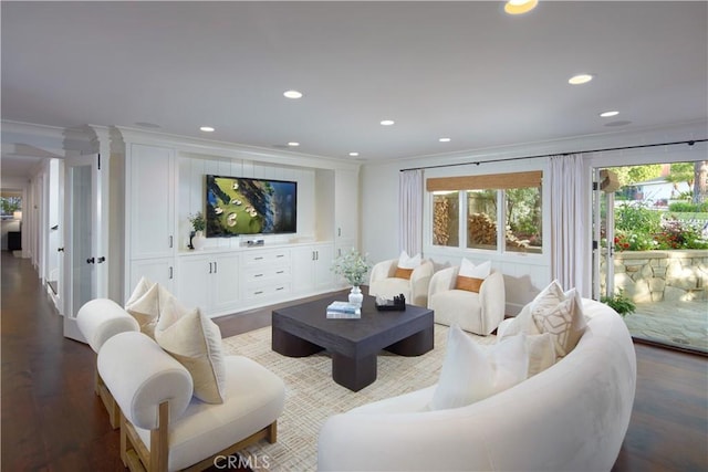 2 Royal Saint George Rd, Newport Beach, CA 92660 - living room with ornamental molding, recessed lighting, and dark wood-style flooring