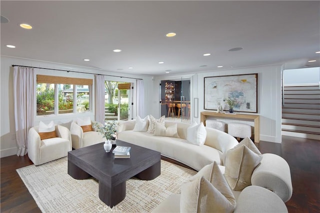 2 Royal Saint George Rd, Newport Beach, CA 92660 - living room with recessed lighting, wood finished floors, and stairs
