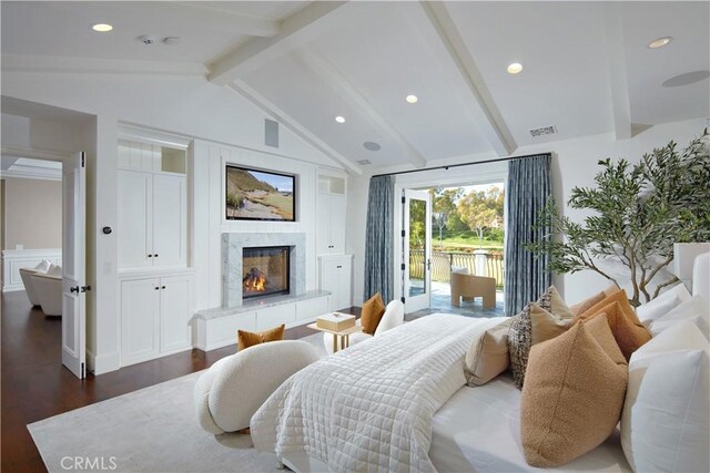 2 Royal Saint George Rd, Newport Beach, CA 92660 - bedroom with access to exterior, dark wood-style flooring, a high end fireplace, and recessed lighting