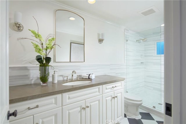 2 Royal Saint George Rd, Newport Beach, CA 92660 - bathroom featuring vanity, a shower stall, tile walls, ornamental molding, and tile patterned floors