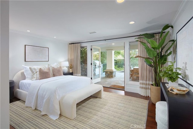 2 Royal Saint George Rd, Newport Beach, CA 92660 - bedroom featuring access to outside, crown molding, wood finished floors, and recessed lighting