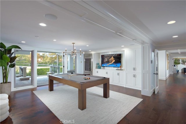 2 Royal Saint George Rd, Newport Beach, CA 92660 - rec room with billiards table, ornamental molding, dark wood-type flooring, and recessed lighting