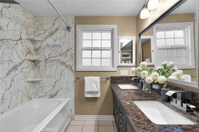 825 E Palm Ave, Monrovia, CA 91016 - full bath with tile patterned flooring, baseboards, washtub / shower combination, and double vanity