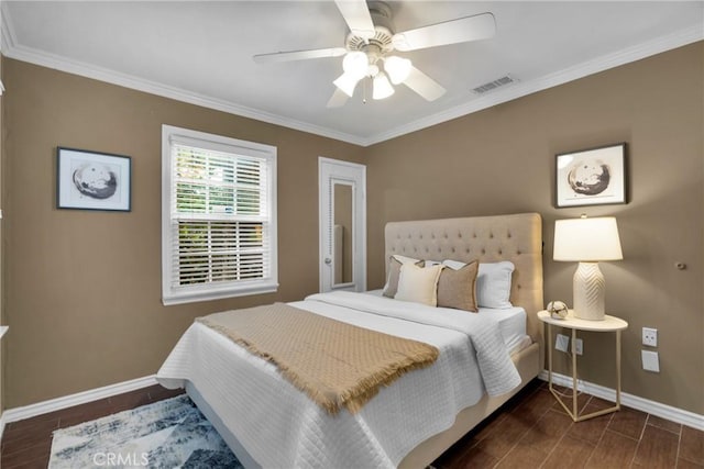 825 E Palm Ave, Monrovia, CA 91016 - bedroom featuring baseboards, ornamental molding, wood tiled floors, and a ceiling fan