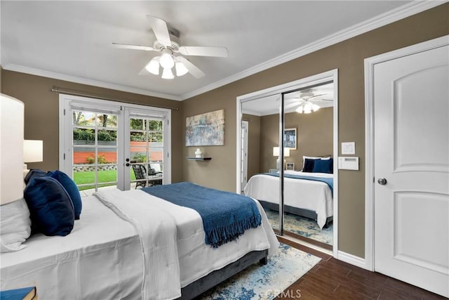 825 E Palm Ave, Monrovia, CA 91016 - bedroom featuring access to exterior, baseboards, french doors, dark wood-style flooring, and crown molding
