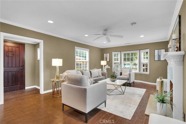 825 E Palm Ave, Monrovia, CA 91016 - living area with ceiling fan, baseboards, dark wood finished floors, recessed lighting, and crown molding