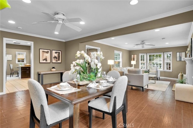 825 E Palm Ave, Monrovia, CA 91016 - dining area with ceiling fan, recessed lighting, wood finished floors, baseboards, and crown molding