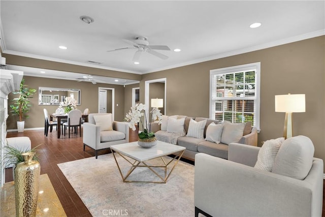 825 E Palm Ave, Monrovia, CA 91016 - living area featuring ceiling fan, recessed lighting, crown molding, baseboards, and wood finished floors
