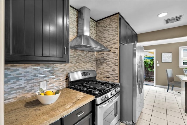 825 E Palm Ave, Monrovia, CA 91016 - kitchen featuring appliances with stainless steel finishes, wall chimney range hood, light tile patterned floors, decorative backsplash, and dark cabinetry