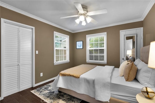 825 E Palm Ave, Monrovia, CA 91016 - bedroom with ornamental molding, baseboards, dark wood-style floors, a ceiling fan, and a closet