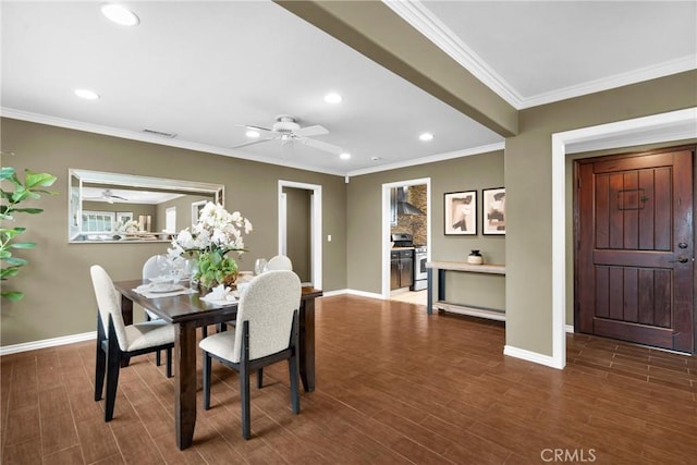 825 E Palm Ave, Monrovia, CA 91016 - dining area with a ceiling fan, baseboards, recessed lighting, ornamental molding, and wood finished floors