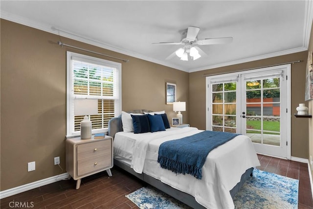 825 E Palm Ave, Monrovia, CA 91016 - bedroom featuring french doors, access to exterior, baseboards, dark wood-type flooring, and ornamental molding