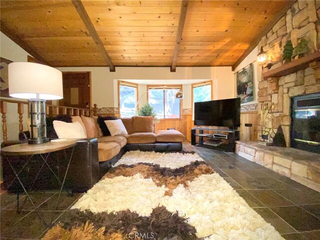 43133 Moonridge Rd, Big Bear, CA 92315 - living room featuring wood ceiling, wainscoting, and a fireplace