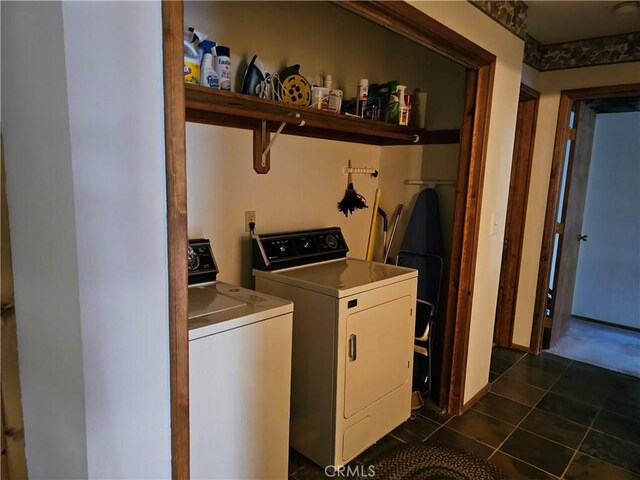 43133 Moonridge Rd, Big Bear, CA 92315 - laundry room with washer and dryer and dark tile patterned floors