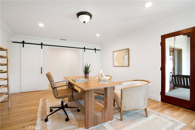 1247 Journeys End Dr, La Canada Flintridge, CA 91011 - dining space with a barn door, light wood-type flooring, crown molding, recessed lighting, and an office area