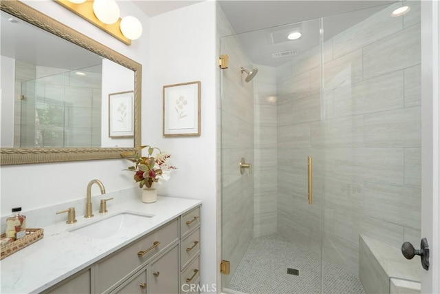 1247 Journeys End Dr, La Canada Flintridge, CA 91011 - full bathroom with vanity, a shower stall, recessed lighting, and tile patterned flooring