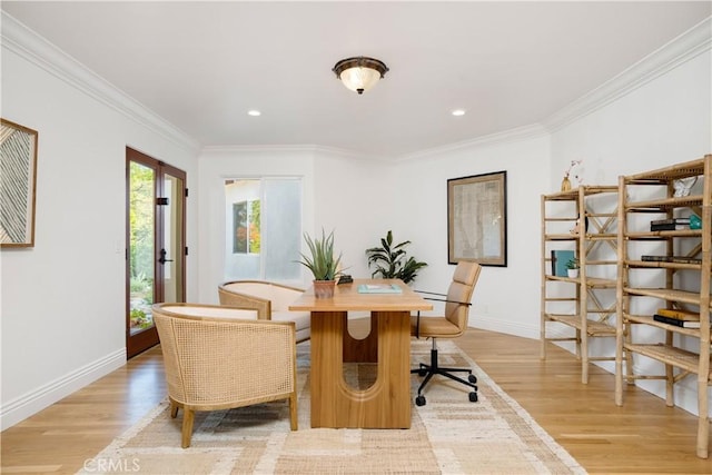 1247 Journeys End Dr, La Canada Flintridge, CA 91011 - dining area featuring light wood-style flooring, ornamental molding, and recessed lighting