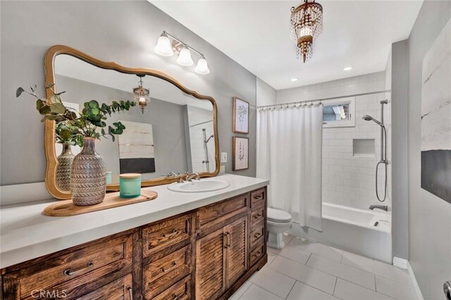 343 W Fletcher Ave, Orange, CA 92865 - bathroom with toilet, shower / bath combo, vanity, tile patterned floors, and a chandelier