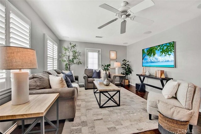 343 W Fletcher Ave, Orange, CA 92865 - living area featuring ceiling fan, wood finished floors, and baseboards