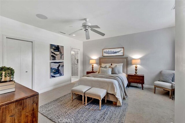 343 W Fletcher Ave, Orange, CA 92865 - bedroom with carpet floors, baseboards, ceiling fan, ensuite bath, and recessed lighting